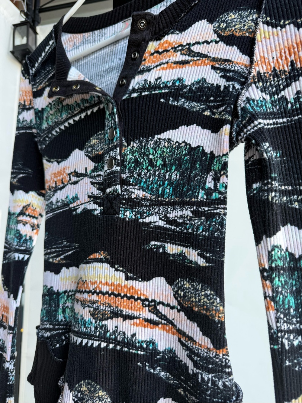 Free People Black Multi Ribbed Henley Crew Sweater